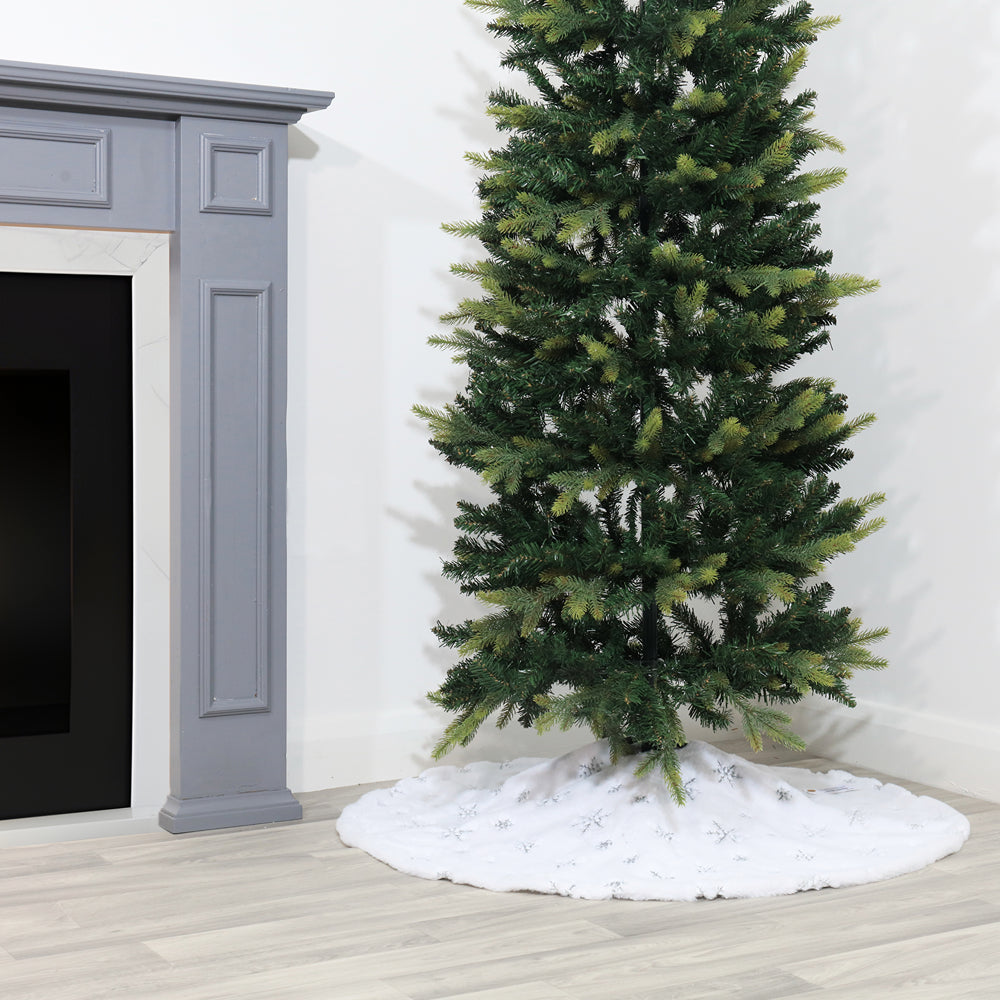 Christmas Plush White Snowflake Pattern Tree Skirt | Hides Stand, Quick Setup