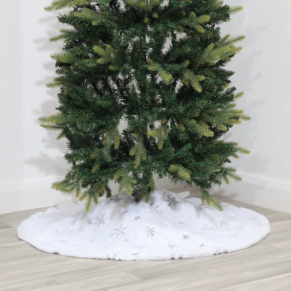 Christmas Plush White Snowflake Pattern Tree Skirt | Hides Stand, Quick Setup