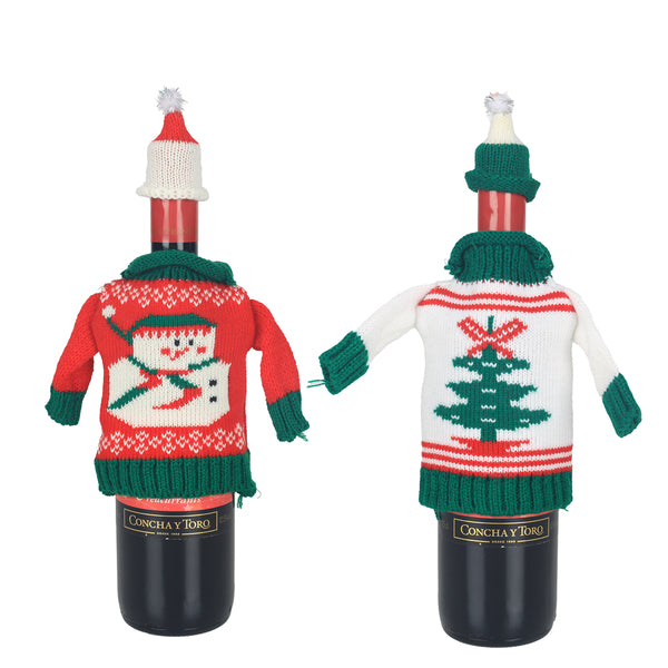 Christmas Set of 2 Knit Wine Bottle Jumpers and Hats Decor | Snowman and Tree