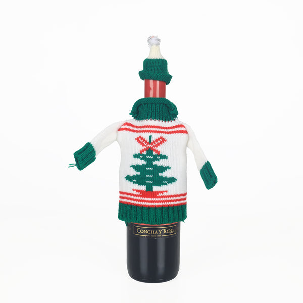 Christmas Set of 2 Knit Wine Bottle Jumpers and Hats Decor | Snowman and Tree