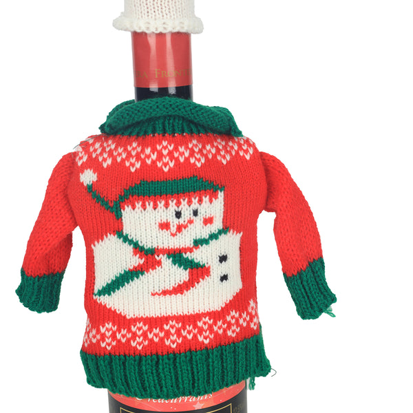 Christmas Set of 2 Knit Wine Bottle Jumpers and Hats Decor | Snowman and Tree