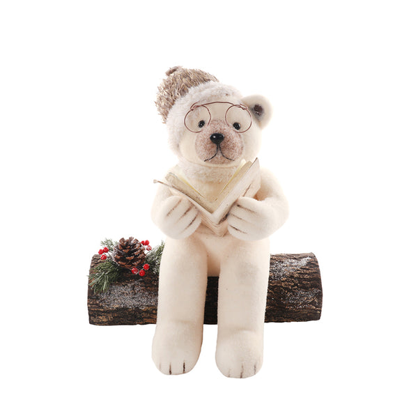 Christmas Reading Bear on Log Tabletop Ornament | 38cm, Round Glasses and Book