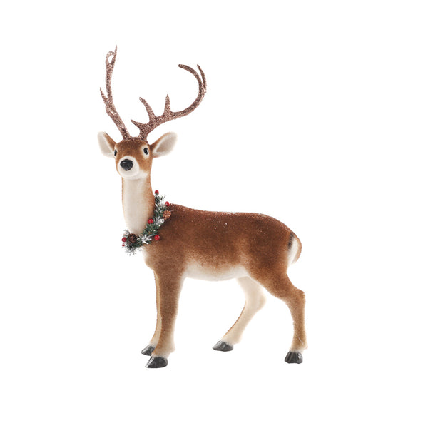 Christmas 48cm Standing Deer Figurine | Glitter Antlers, Neck Garland