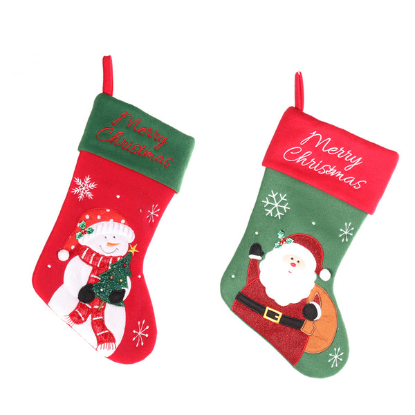 Christmas Snowman and Santa Stocking | 45 cm, Red and Green, Embroidered Cuff