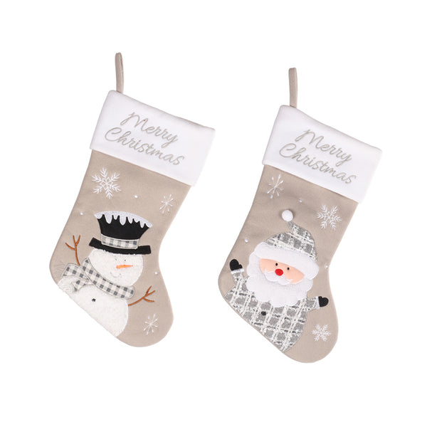 Christmas Taupe Snowman/Santa Stocking | Embroidered Merry Christmas Cuff, 45cm