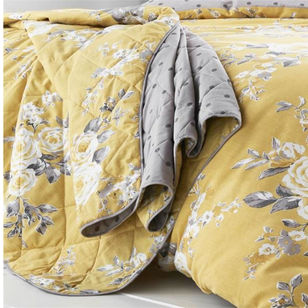 Catherine Lansfield Canterbury Ochre Floral Reversible Bedspread | 220x230