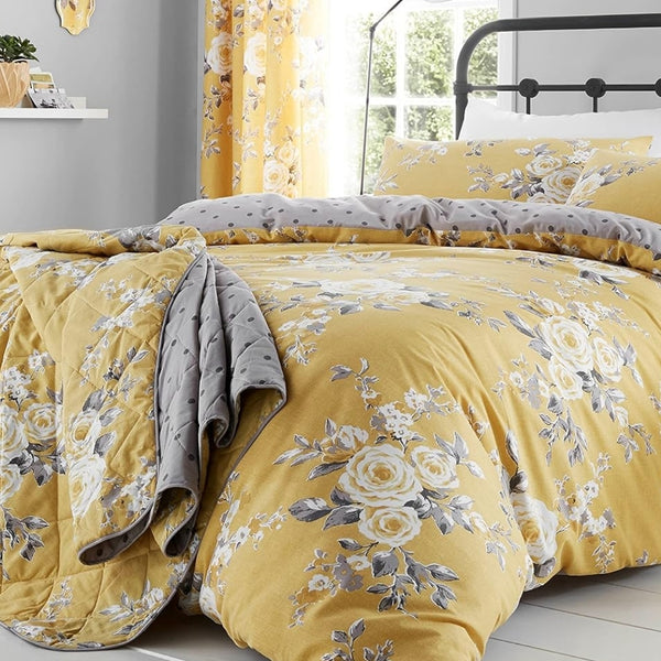 Catherine Lansfield Canterbury Ochre Floral Reversible Bedspread | 220x230