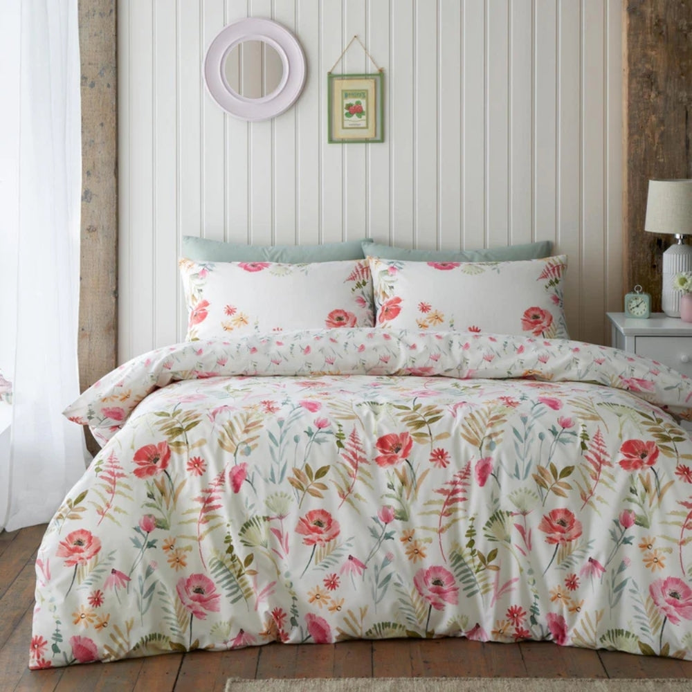 Catherine Lansfield Ella Poppy Cream Floral Reversible Quilt Set | King Size