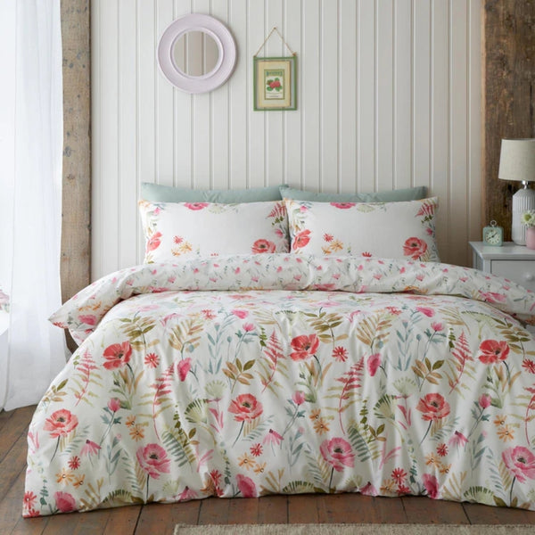 Catherine Lansfield Ella Poppy Cream Floral Reversible Quilt Set | King Size