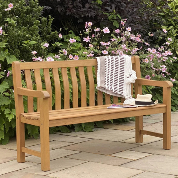 Eucalyptus Grandis Garden Bench | 148 x 56 x 91cm | Teak Finish with Sloping Armrests