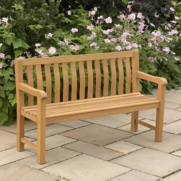 Eucalyptus Grandis Garden Bench | 148 x 56 x 91cm | Teak Finish with Sloping Armrests