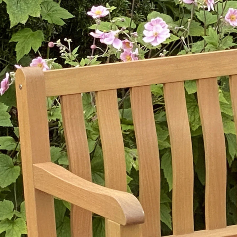 Eucalyptus Grandis Garden Bench | 148 x 56 x 91cm | Teak Finish with Sloping Armrests