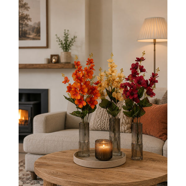 Artificial Autumn Floral Bush - 3 Assorted Colours, Long Flexible Stems