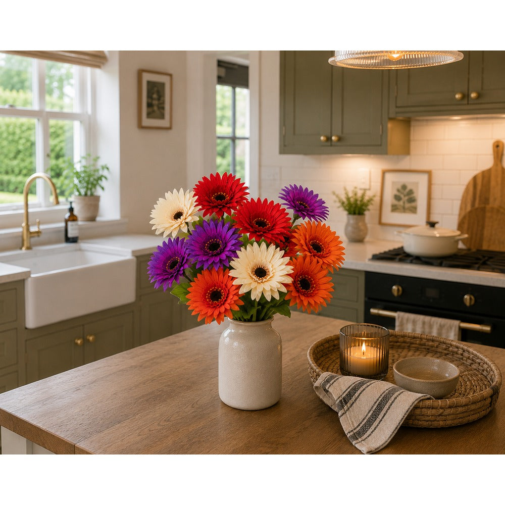 Artificial Gerbera Daisy Floral Bush - 5 Pieces, Assorted Colours