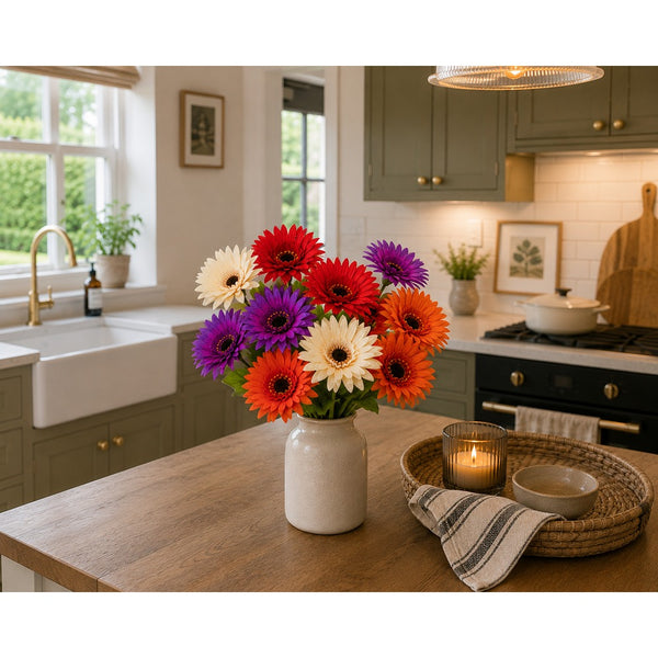 Artificial Gerbera Daisy Floral Bush - 5 Pieces, Assorted Colours