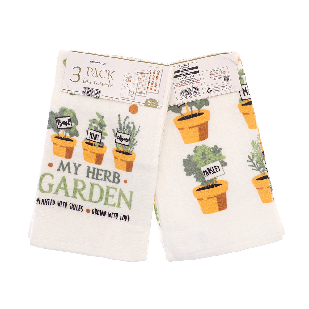 Country Club Herb Garden Velour Tea Towels | Pack of 3, 100% Cotton