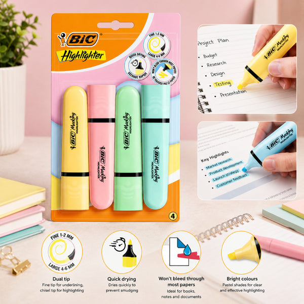 BIC Colour-Coded Highlighters - Dual-Tip 4 Pack