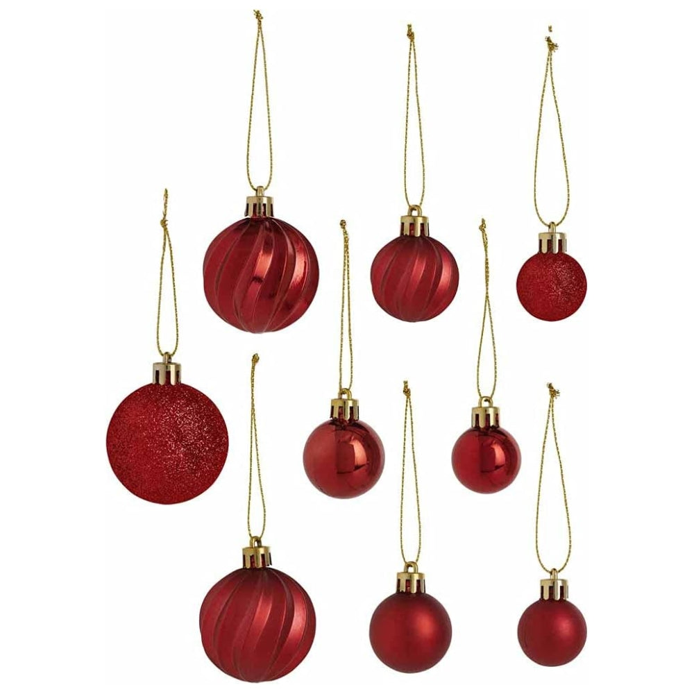 Christmas Mixed Size Red Baubles | Pack of 35, Gloss, Glitter, Gold-Tone Caps