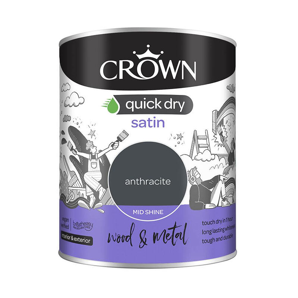 Crown Paint Quick Dry Anthracite Satin Paint | 750ml, Wood and Metal