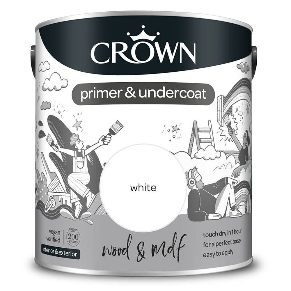 Crown Paint Quick Dry Wood and MDF Primer and Undercoat Paint | White, 2.5L