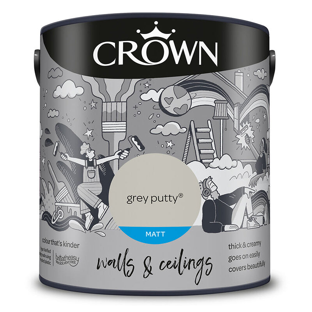 Crown Paint Grey Putty Matt Emulsion Paint | 2.5L, Walls and Ceilings, Low Odour