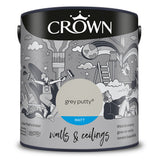 Crown Paint Grey Putty Matt Emulsion Paint | 2.5L, Walls and Ceilings, Low Odour