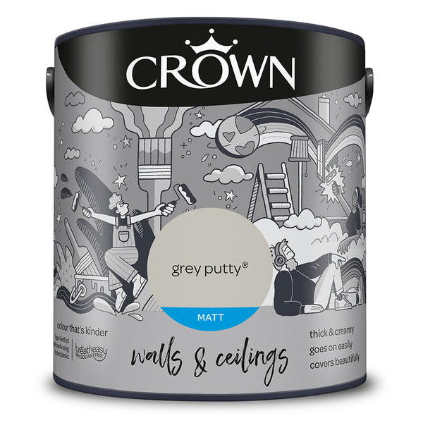 Crown Paint Grey Putty Matt Emulsion Paint | 2.5L, Walls and Ceilings, Low Odour