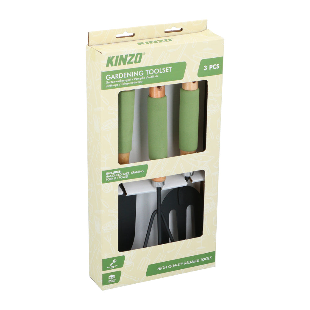 Kinzo Hand Gardening Tool Set | 3 Pieces, Soft-Grip, Rake, Fork and Trowel