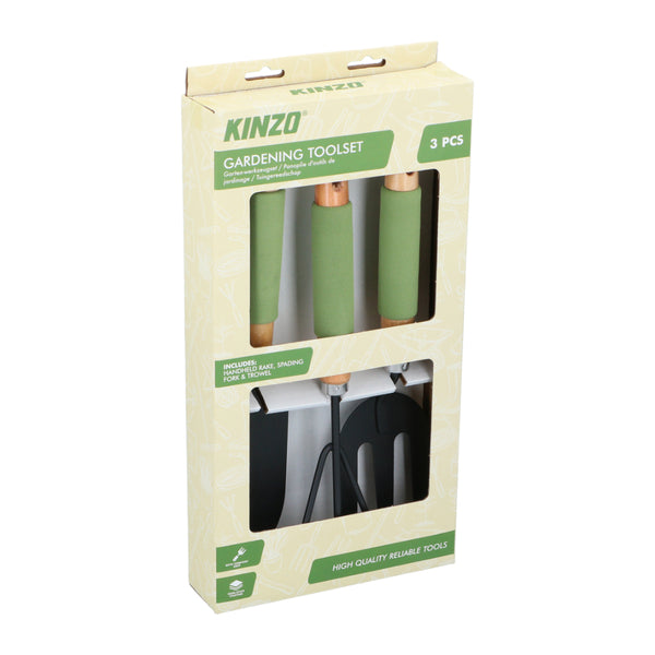 Kinzo Hand Gardening Tool Set | 3 Pieces, Soft-Grip, Rake, Fork and Trowel