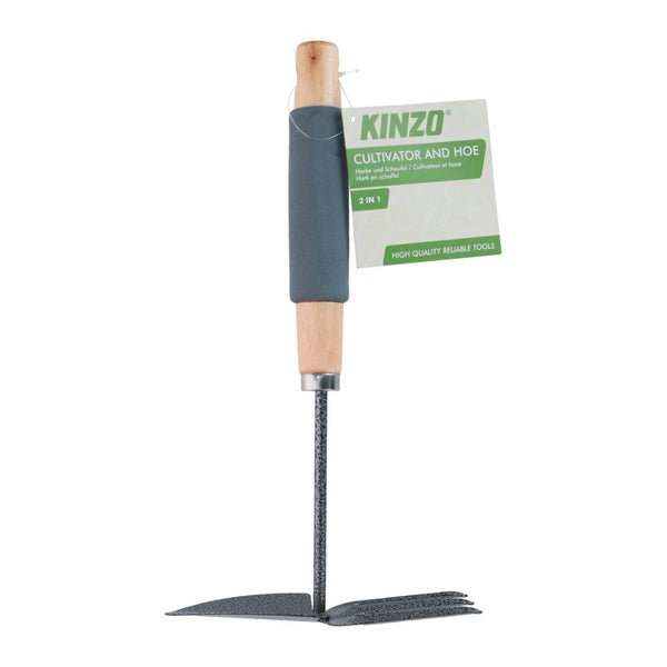 Kinzo 2-in-1 Garden Cultivator and Hoe Tool | 27cm, Wooden Handle