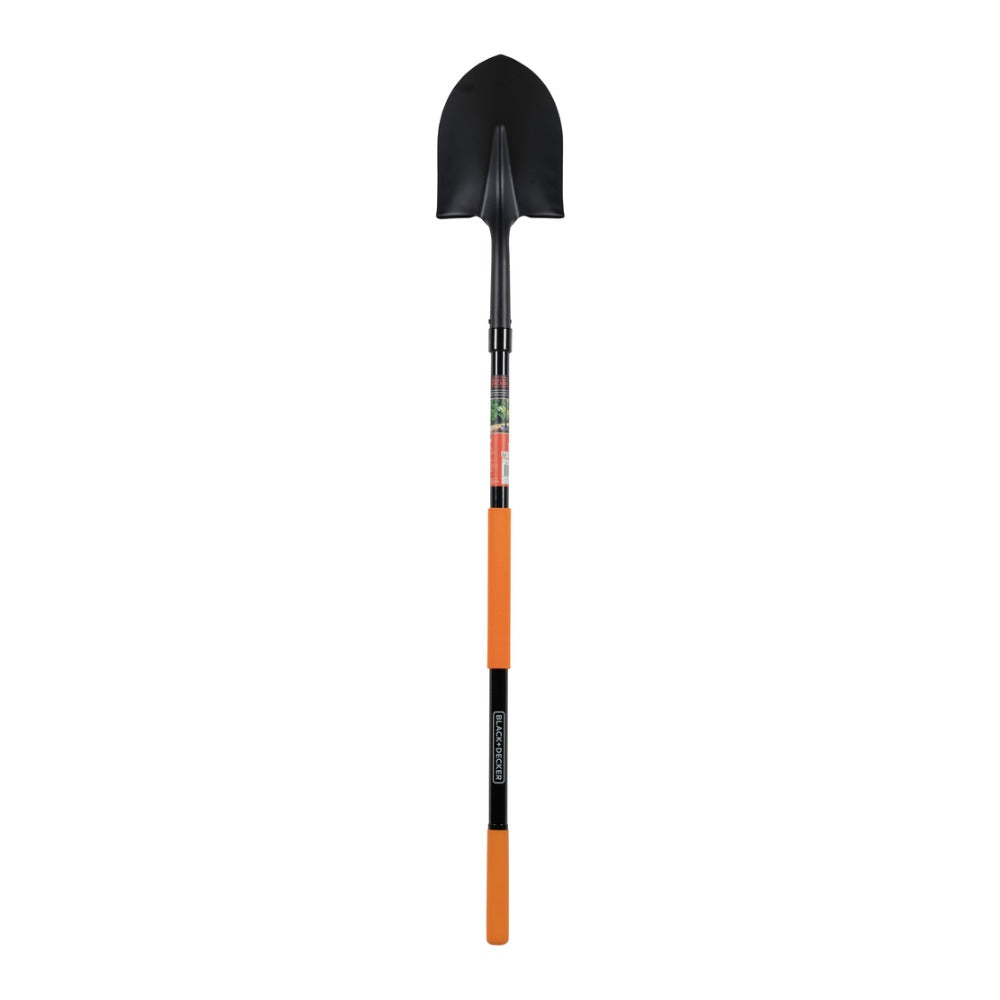 Black + Decker Round Point Fibreglass Shovel | Long Handle, Orange Grip