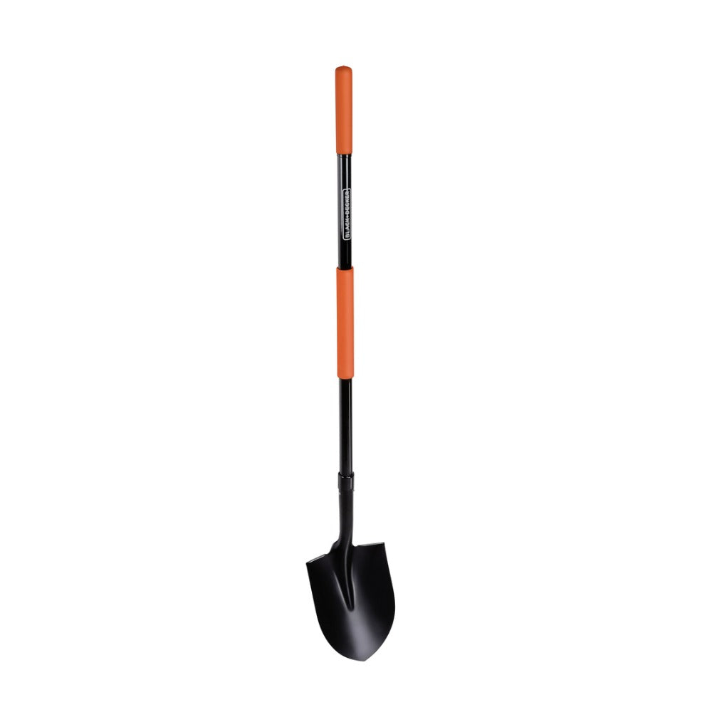 Black + Decker Round Point Fibreglass Shovel | Long Handle, Orange Grip