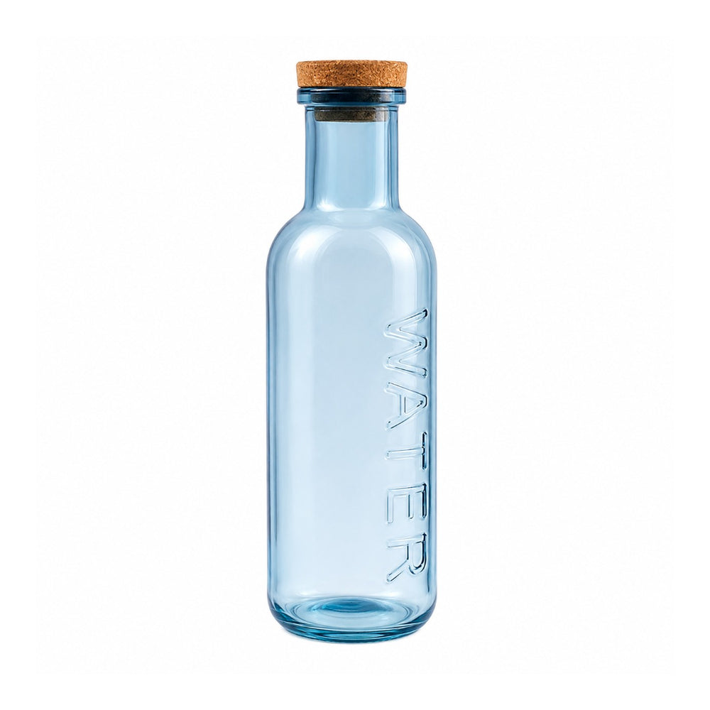 Blue Tinted Glass Water Bottle with Cork Stopper | 1L, Embossed Design