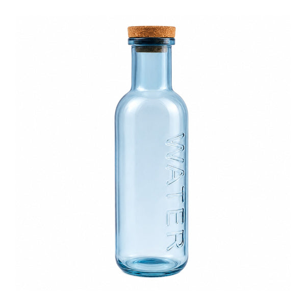 Blue Tinted Glass Water Bottle with Cork Stopper | 1L, Embossed Design