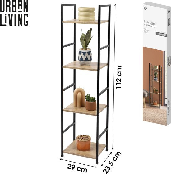 Urban Living Colorado 4 Tier Shelf | Wooden Shelves with Black Metal Frame | 112cm x 29cm x 23.5cm