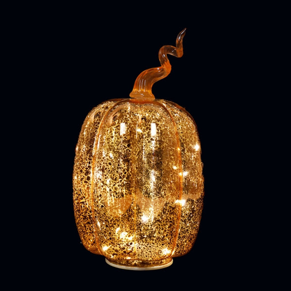 LED Glass Pumpkin | 13.5x18.5cm Gold Speckled