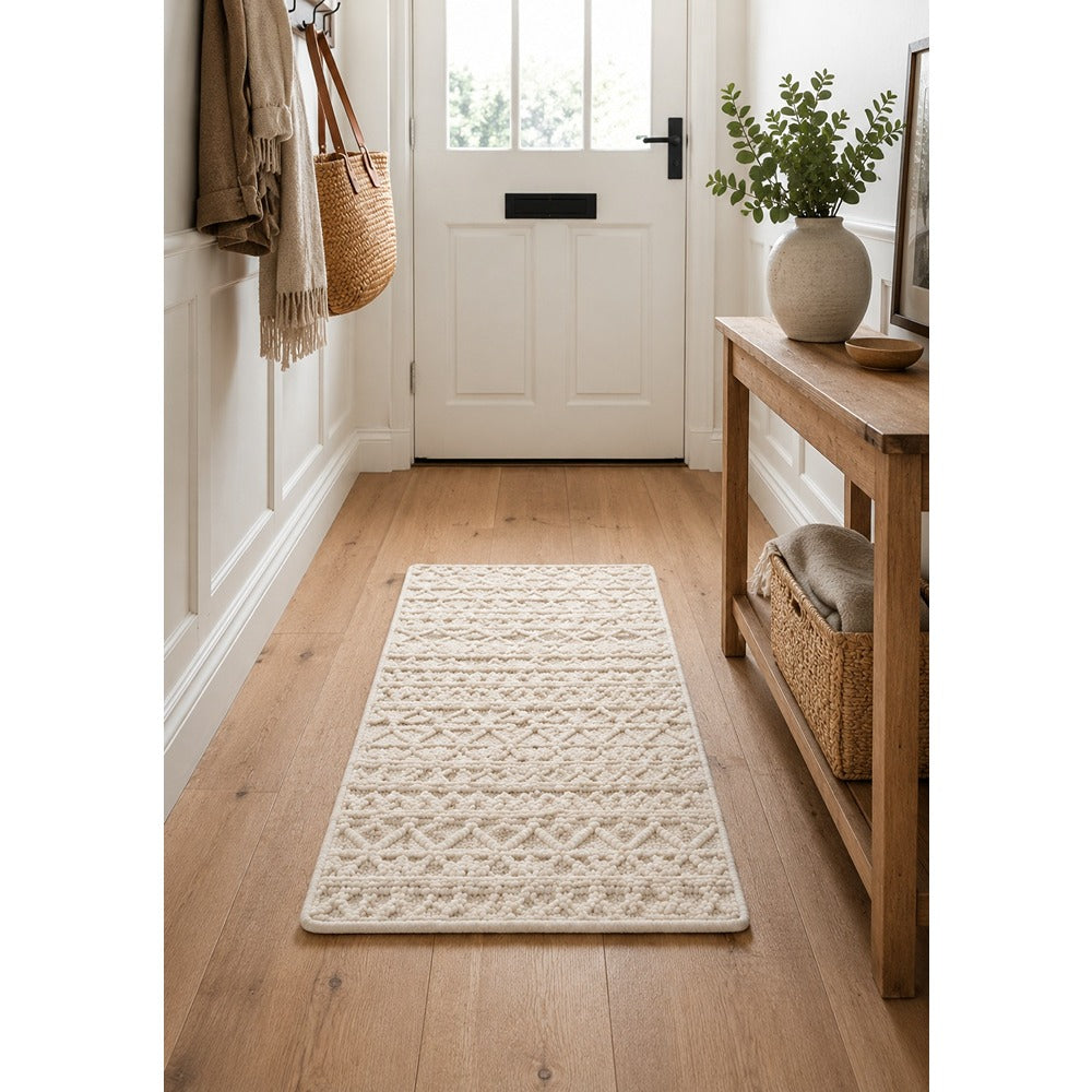 Zephyr Cream Textured Wool Runner Rug - Geometric Pattern, 70 x 140cm