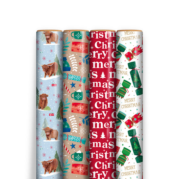 Christmas Contemporary Gift Wrap | Pack of 4 Rolls, 4m, Assorted Designs
