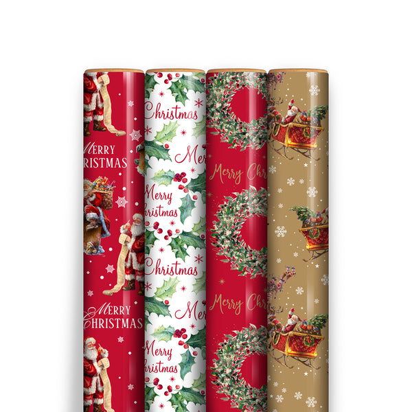 Christmas 4m Traditional Gift Wrap | Pack of 4 Rolls, Assorted Designs