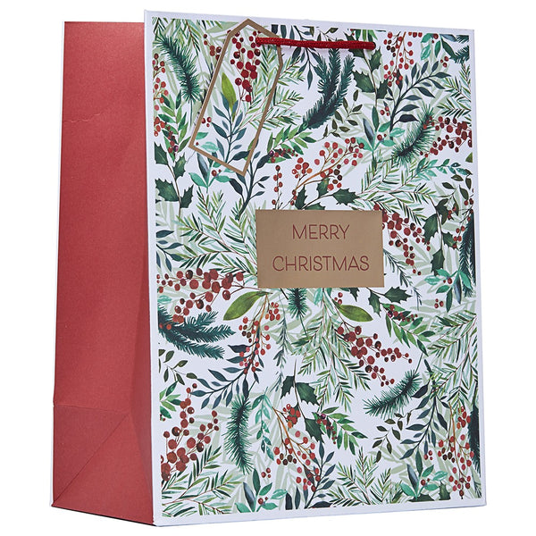 Christmas Festive Foliage Large Gift Bag | Red Cord Handles, Merry Christmas Tag