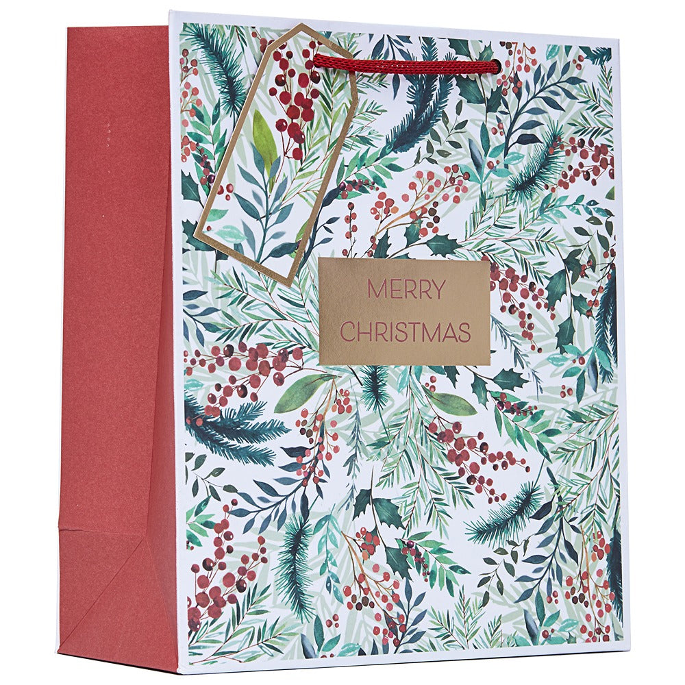 Christmas Festive Foliage Gift Bag | Medium, Rope Handle, Merry Christmas Tag