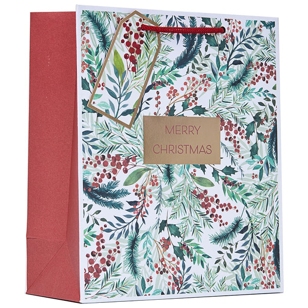 Christmas Festive Foliage Gift Bag | Medium, Rope Handle, Merry Christmas Tag
