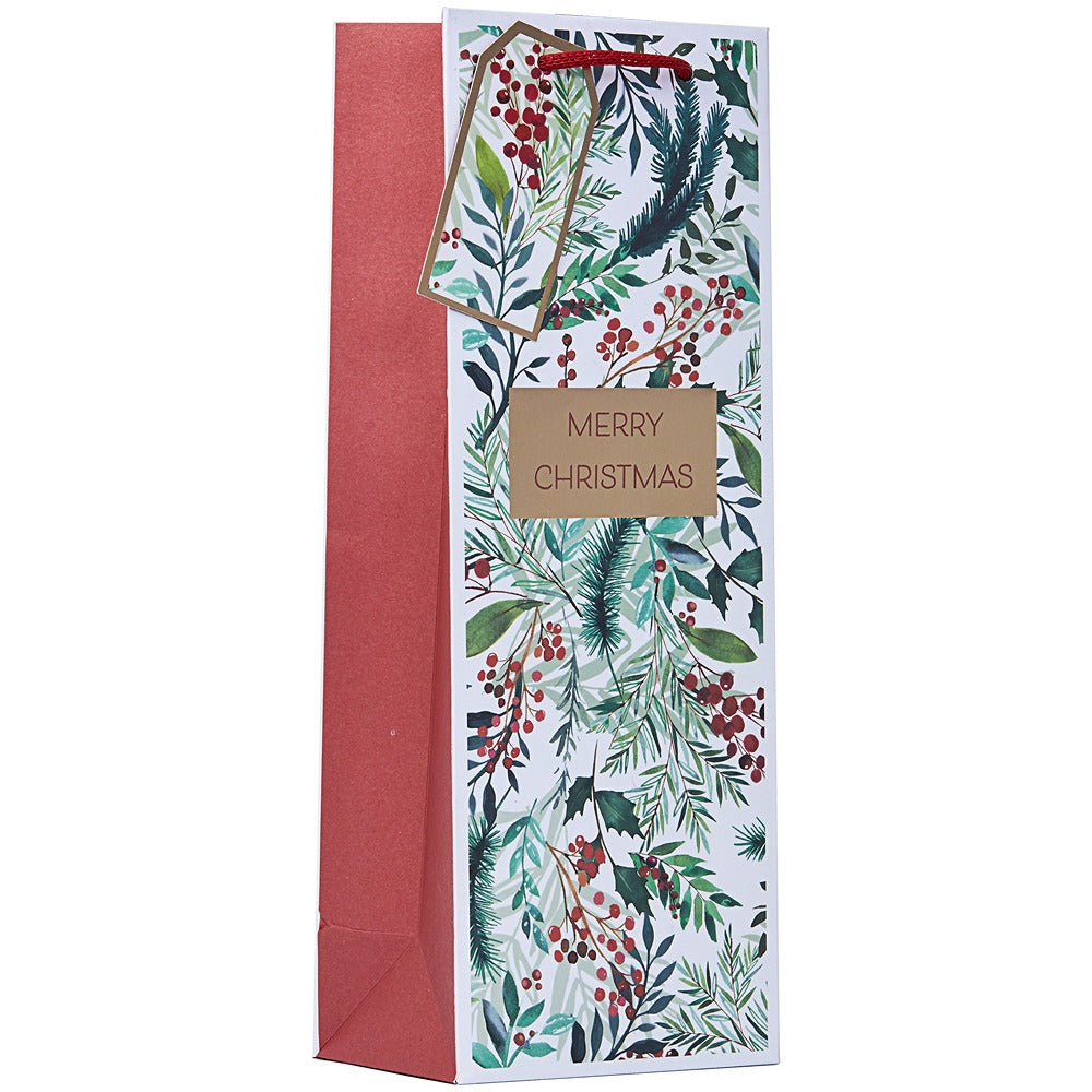 Christmas Festive Foliage Bottle Bag | Assorted Designs, Merry Christmas Label