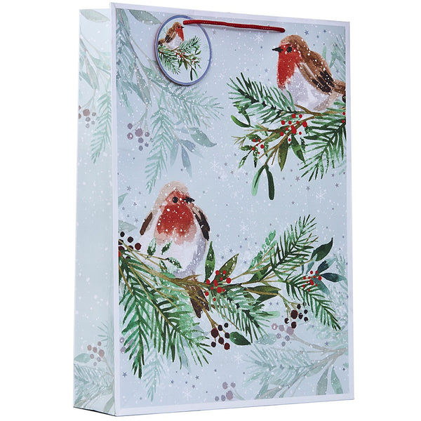 Christmas Robin Extra Large Gift Bag | Blue Watercolour Design, for Bottles