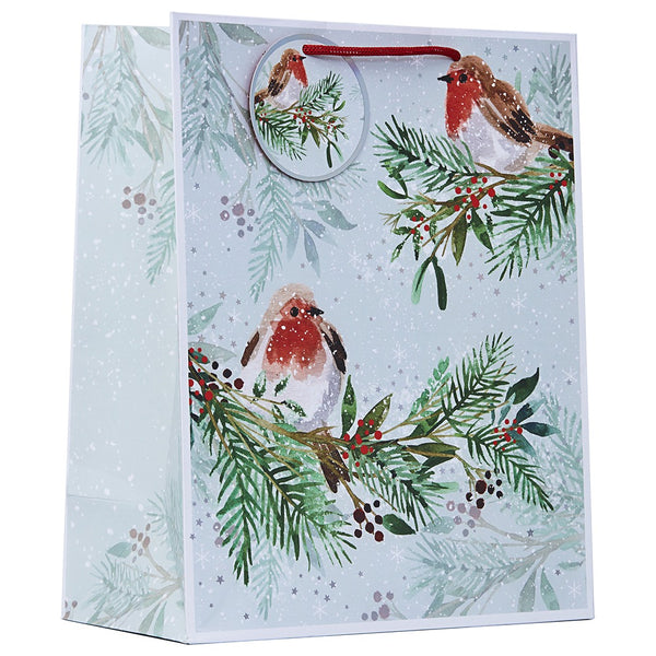 Christmas Robin Large Gift Bag | Red Cord Handle, Circular Tag, Winter Scene