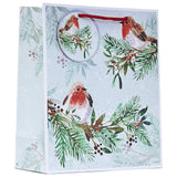 Christmas Robin Medium Gift Bag | Red Cord Handle, Pale Blue, Paper