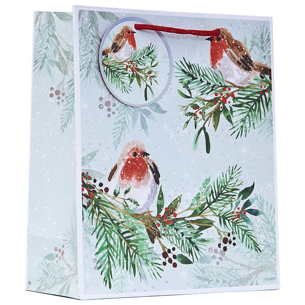 Christmas Robin Medium Gift Bag | Red Cord Handle, Pale Blue, Paper
