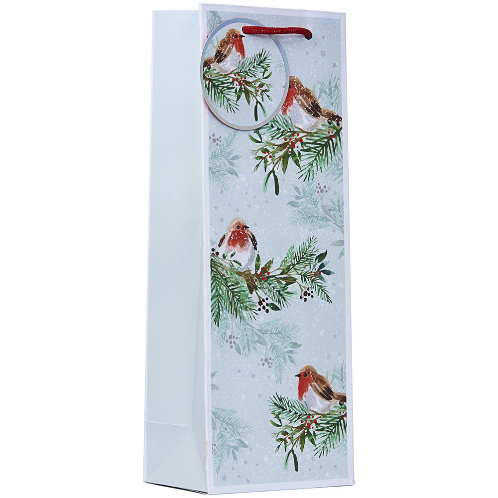 Christmas Robin Bottle Gift Bag | Assorted Winter Bird Design, Tall Slim Profile