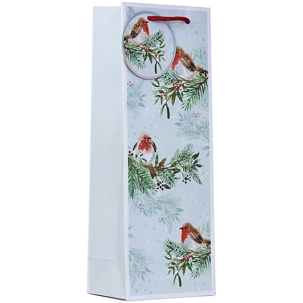 Christmas Robin Bottle Gift Bag | Assorted Winter Bird Design, Tall Slim Profile