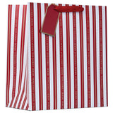 Christmas Large Striped Gift Bag | Red Ribbon Handles, Gold-Edged Gift Tag